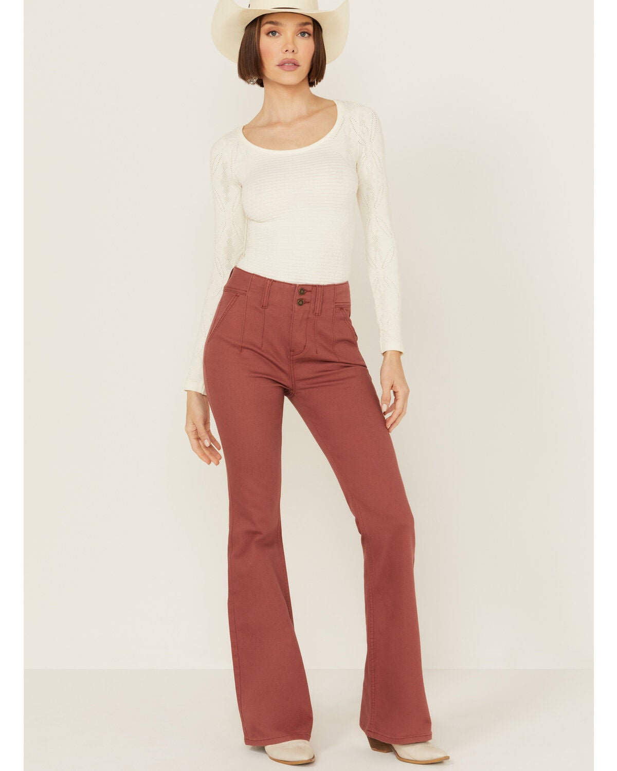 Shyanne Women's Marsala Darted Waist Comfort Stretch Super Flare Jeans, Rust Copper, hi-res