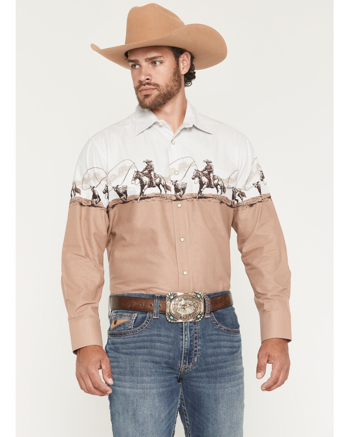 Panhandle Slim Men's Cowboy Border Print Long Sleeve Snap Western Shirt, Tan, hi-res