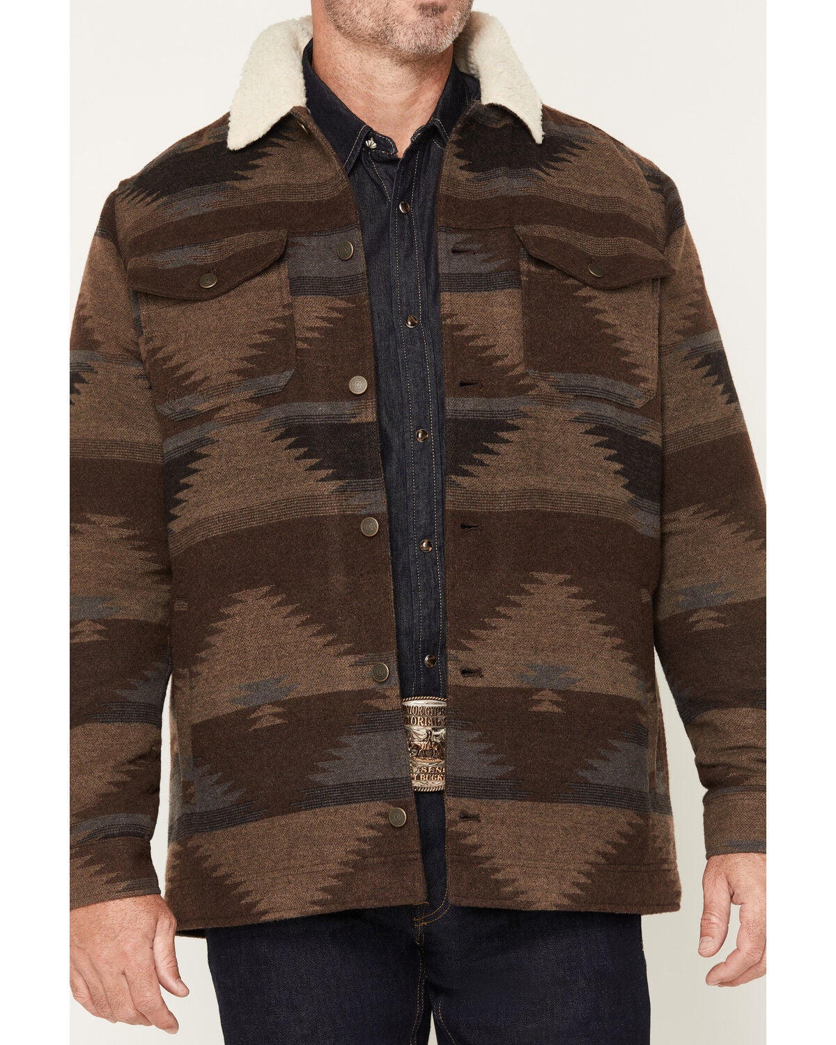 Image #3 - Cody James Men's Edward Southwestern Print Wool Sherpa Lined Jacket, Chocolate, hi-res