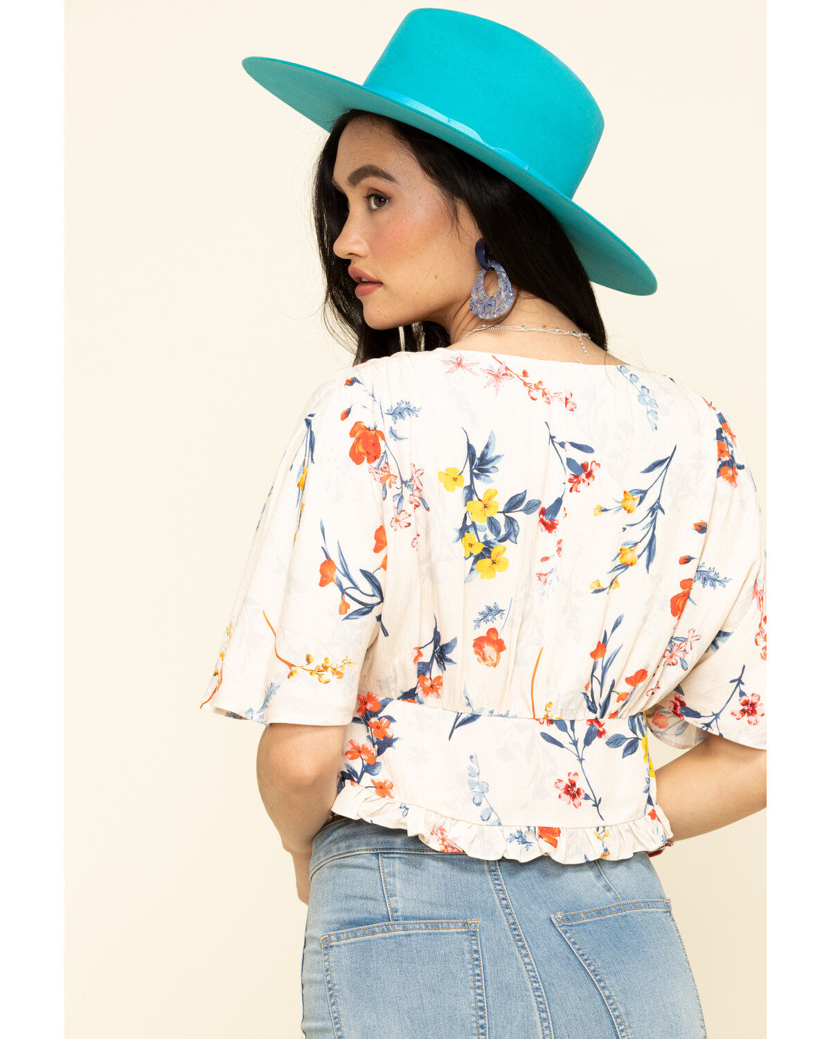 Image #2 - Miss Me Women's Cream Floral Button Down Ruffle Top, , hi-res