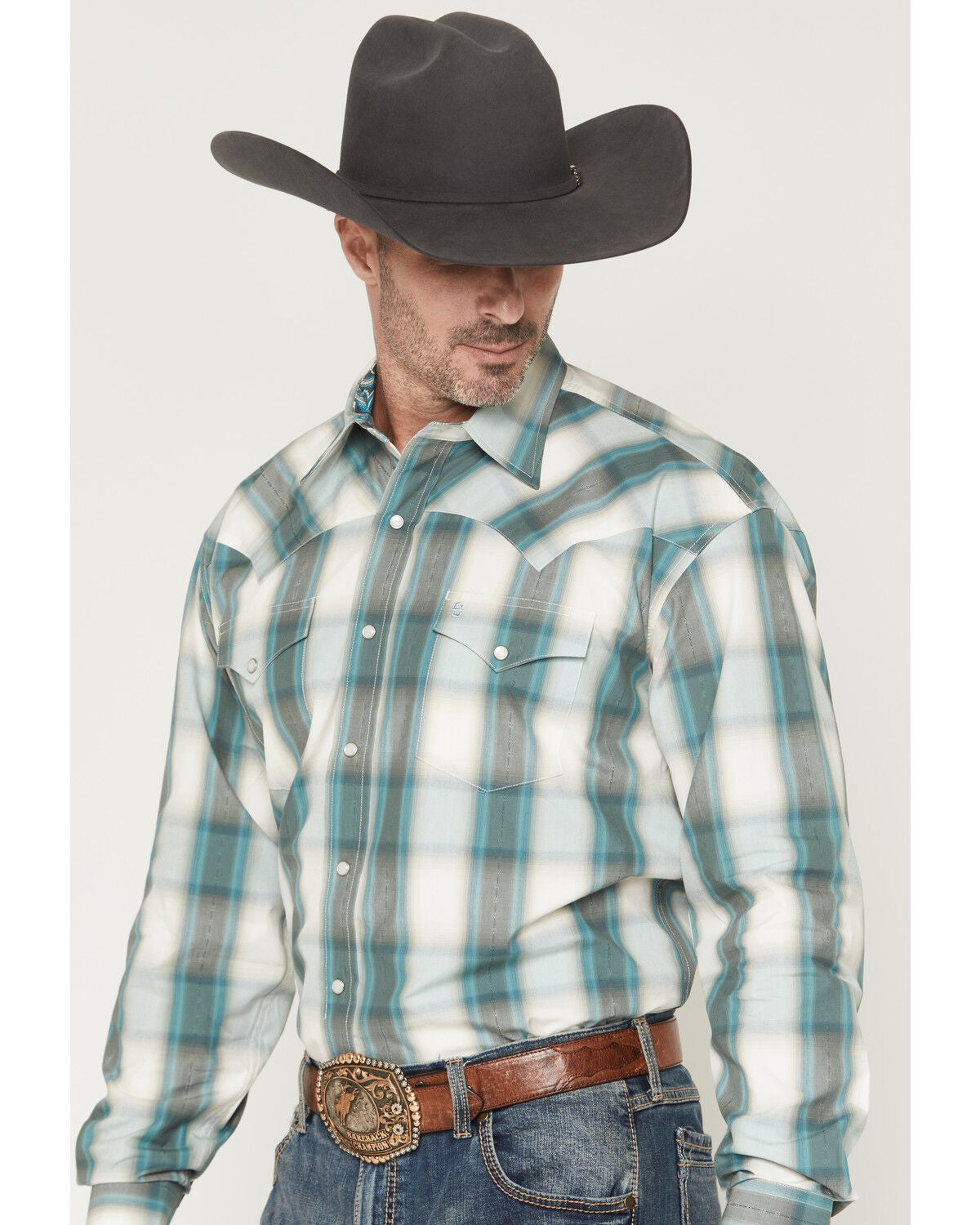Image #2 - Stetson Men's Dobby Plaid Print Long Sleeve Snap Western Shirt, Blue, hi-res
