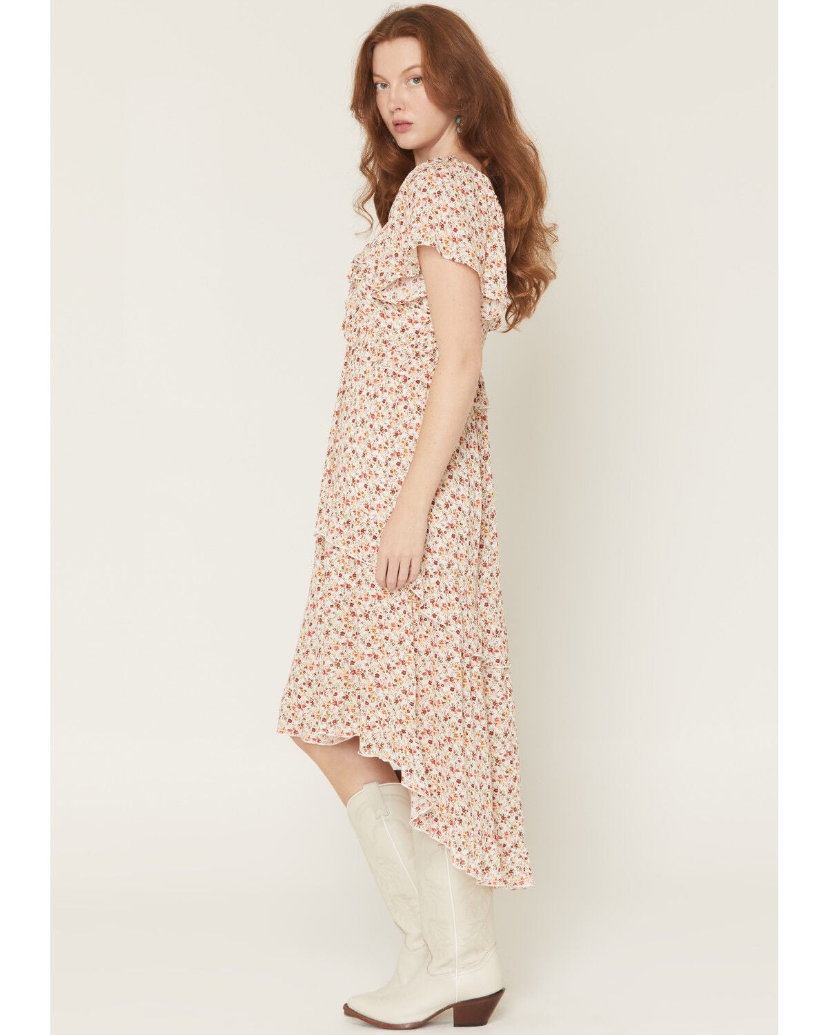 Product Name:  Wild Moss Women's Floral Print Ruffle Tiered High-Low Midi Dress