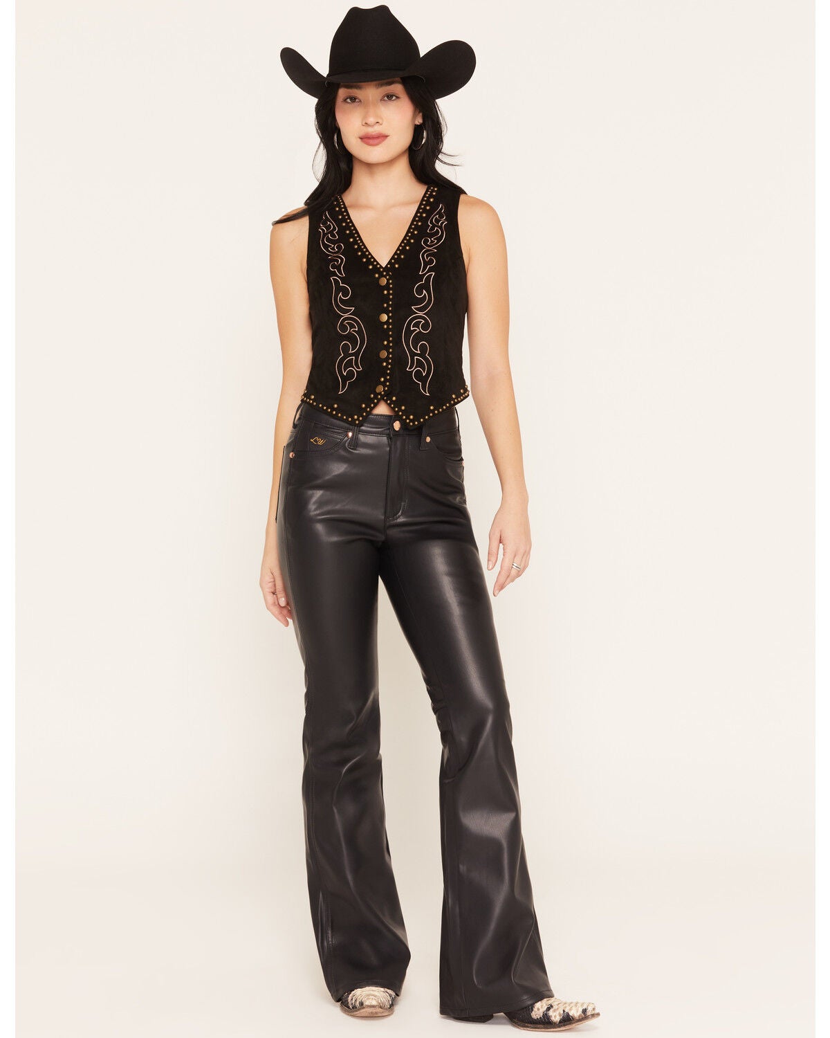 Wrangler X Lainey Wilson Women's Faux Leather High Rise Flare Jeans, Black, hi-res
