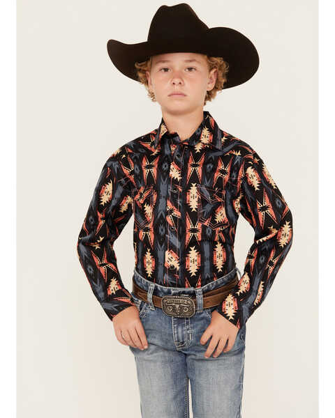 Image #1 - Rock & Roll Denim Boys' Long Sleeve Southwest Snap Shirt, Peach, hi-res