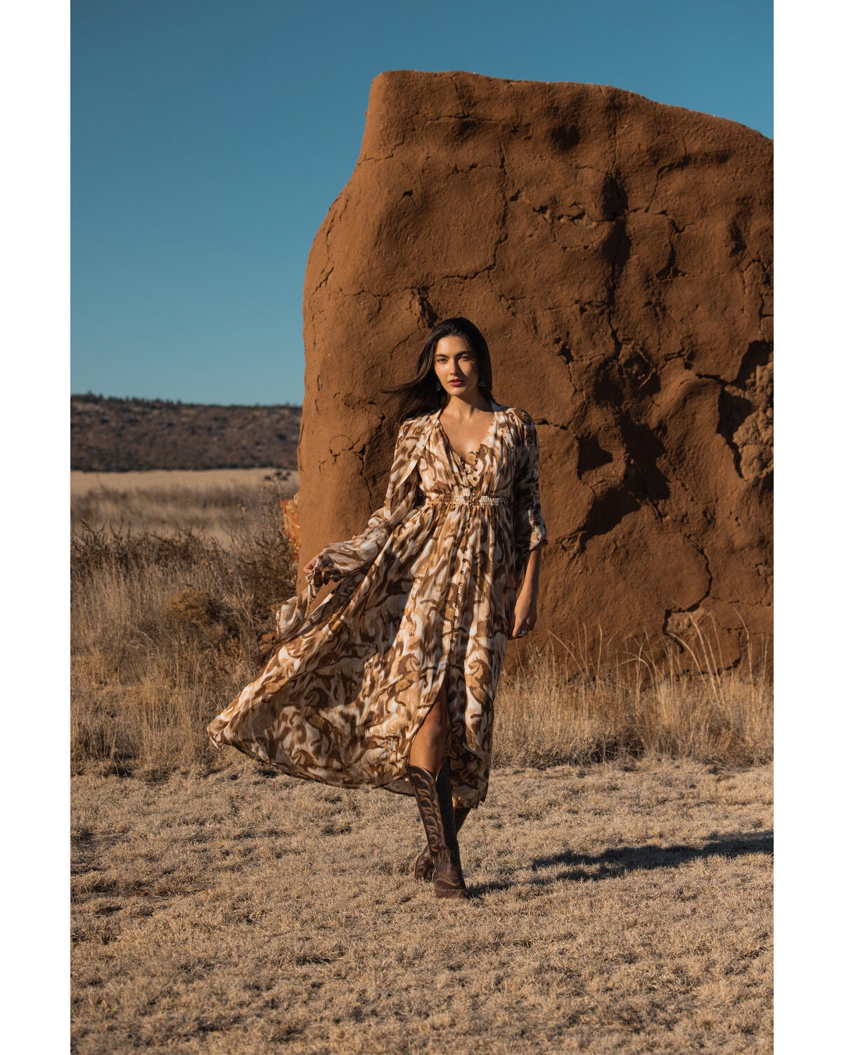 Shyanne Women's Horse Print Chiffon Maxi Dress, Coffee, hi-res