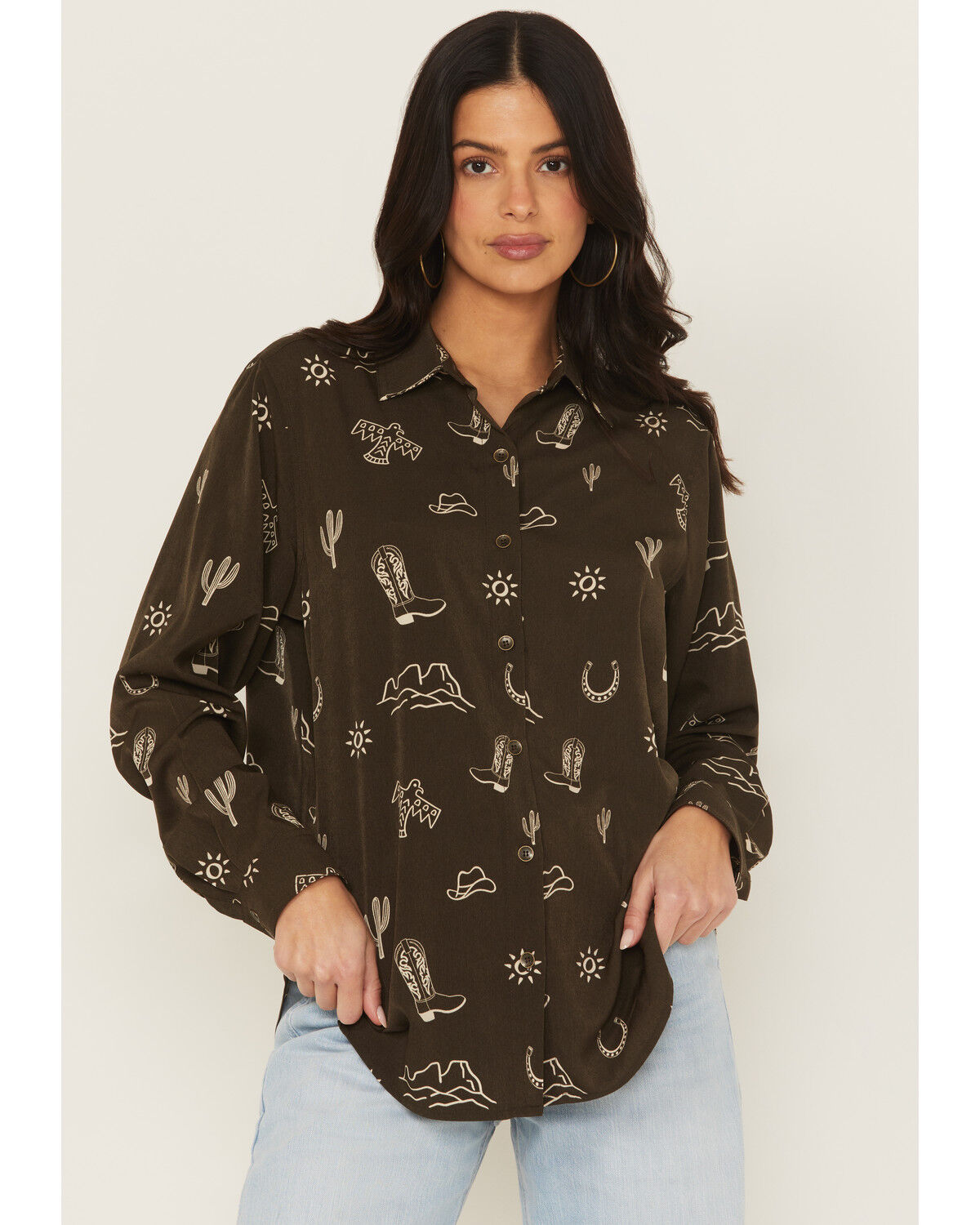 Image #1 - Ariat Women's Conversational Print Long Sleeve Button-Down Homestyle Western Shirt, Olive, hi-res