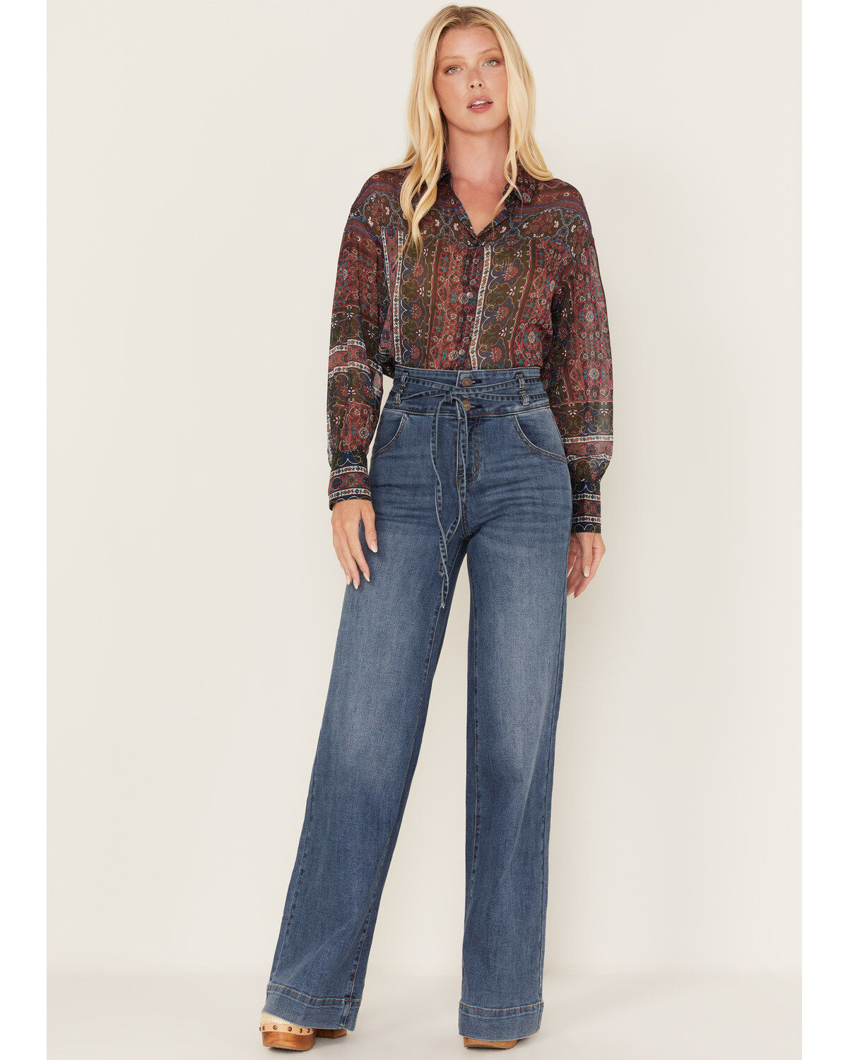 Image #1 - Shyanne Women's Medium Wash High Rise Belted Trouser Wide Jeans, , hi-res