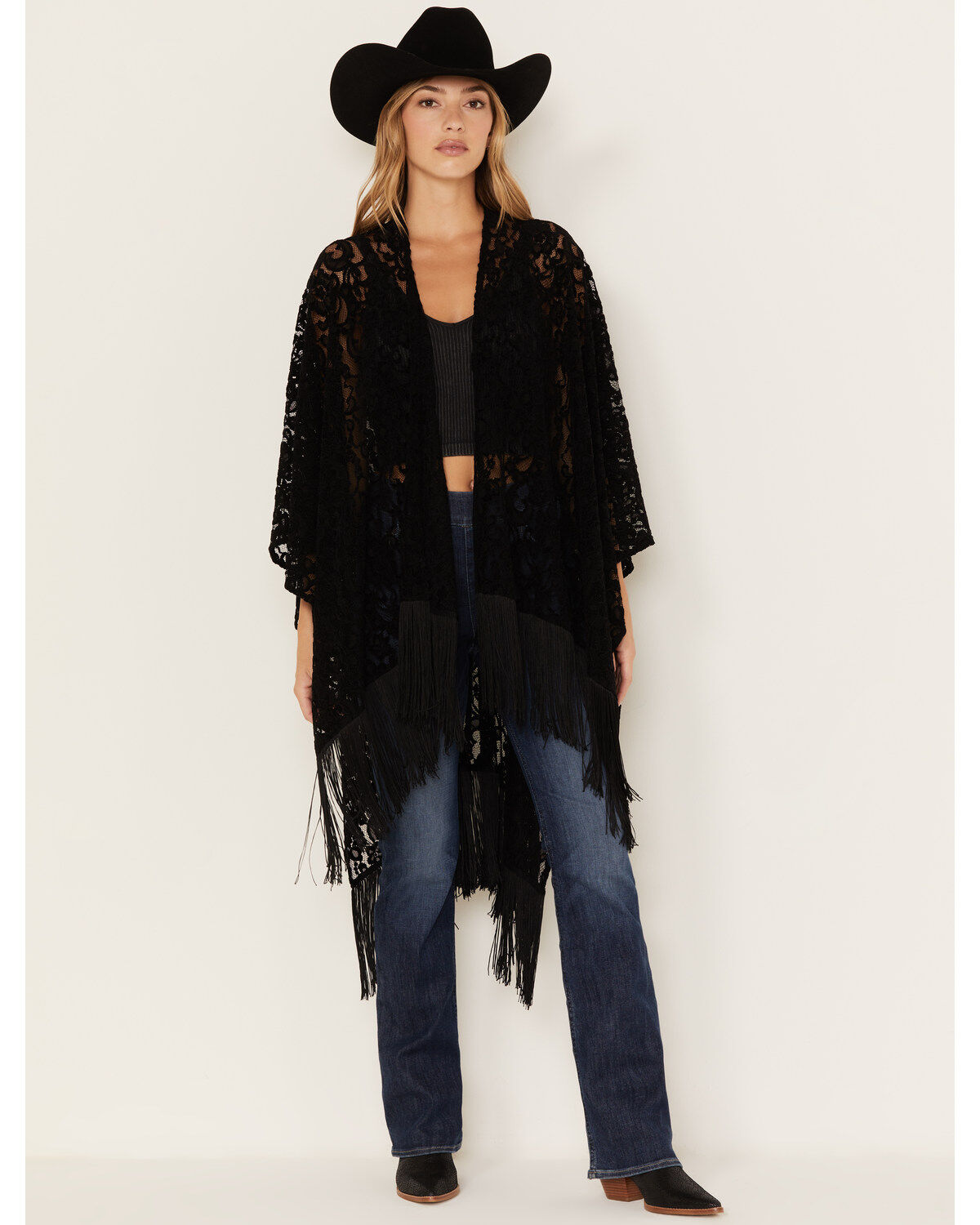 Image #2 - Shyanne Women's Floral Lace Fringe Shawl, Black, hi-res