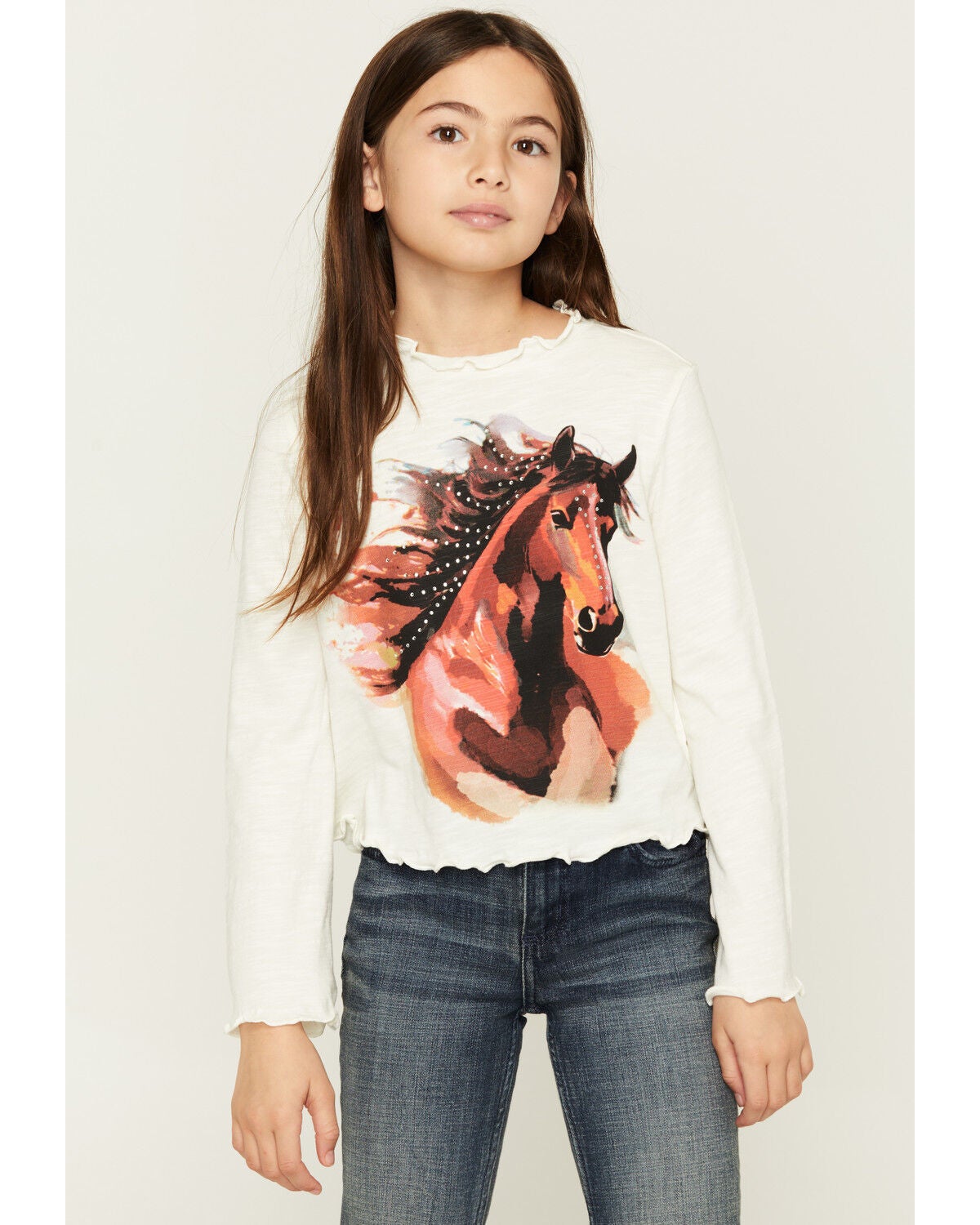 Shyanne Girls' Horse Print Long Bell Sleeve Shirt, Cream, hi-res
