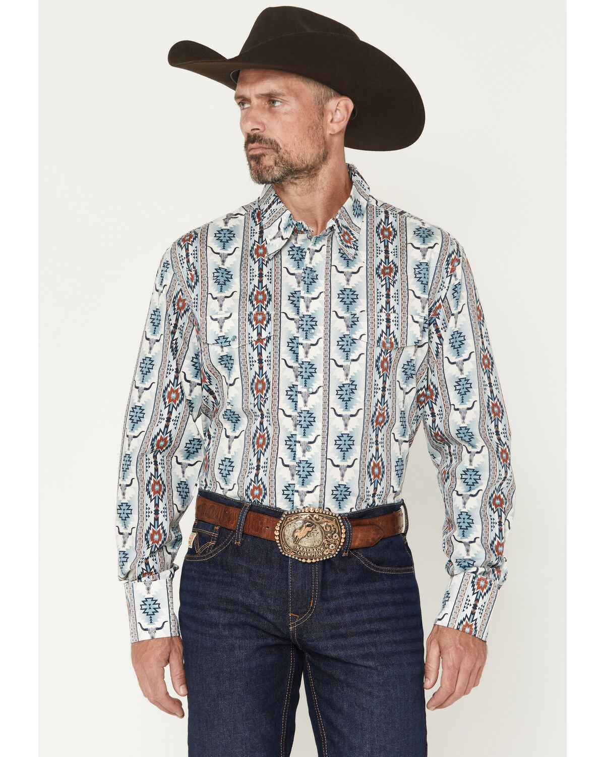 Image #1 - Wrangler Men's Checotah Southwestern Striped Long Sleeve Pearl Snap Western Shirt - Tall, Blue, hi-res