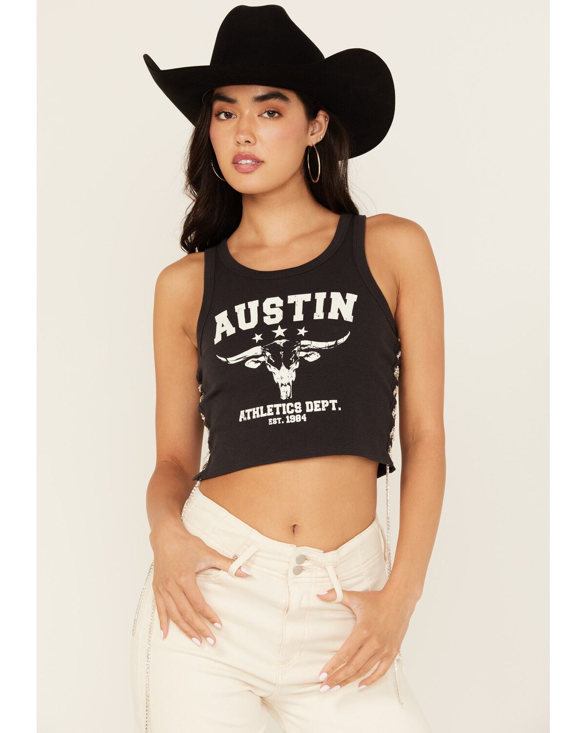 Blended Women's Austin Lace-Up Graphic Tank, Black, hi-res