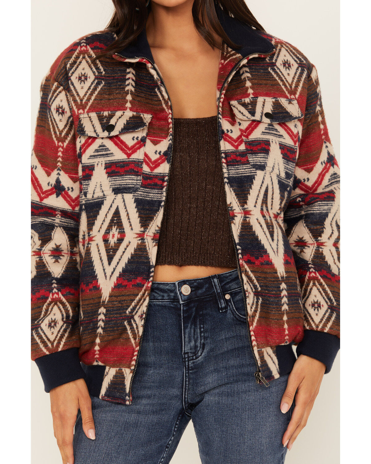Image #3 - Rock & Roll Denim Women's Southwestern Print Bomber Jacket, Navy, hi-res
