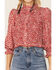 Beyond The Radar Women's Ditsy Smocked Button Down Blouse, Red, hi-res