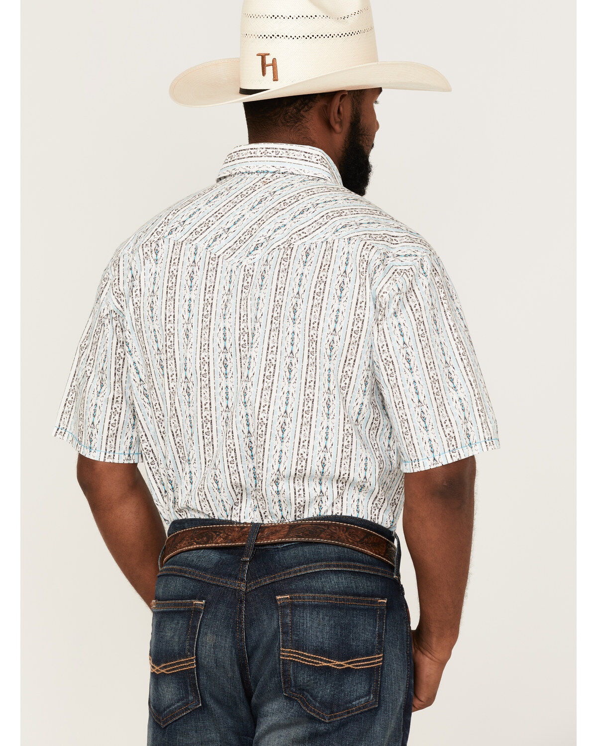 Image #4 - Rough Stock By Panhandle Men's Southwestern Stripe Short Sleeve Pearl Snap Western Shirt, Turquoise, hi-res