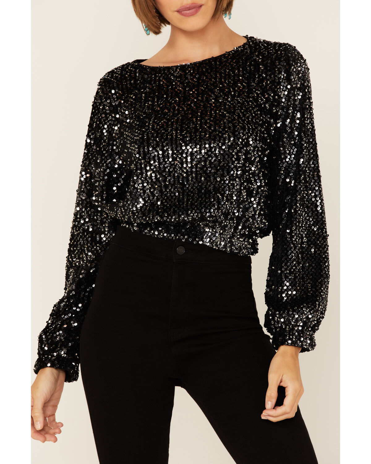 Black Sequins Long Sleeve Crop Top