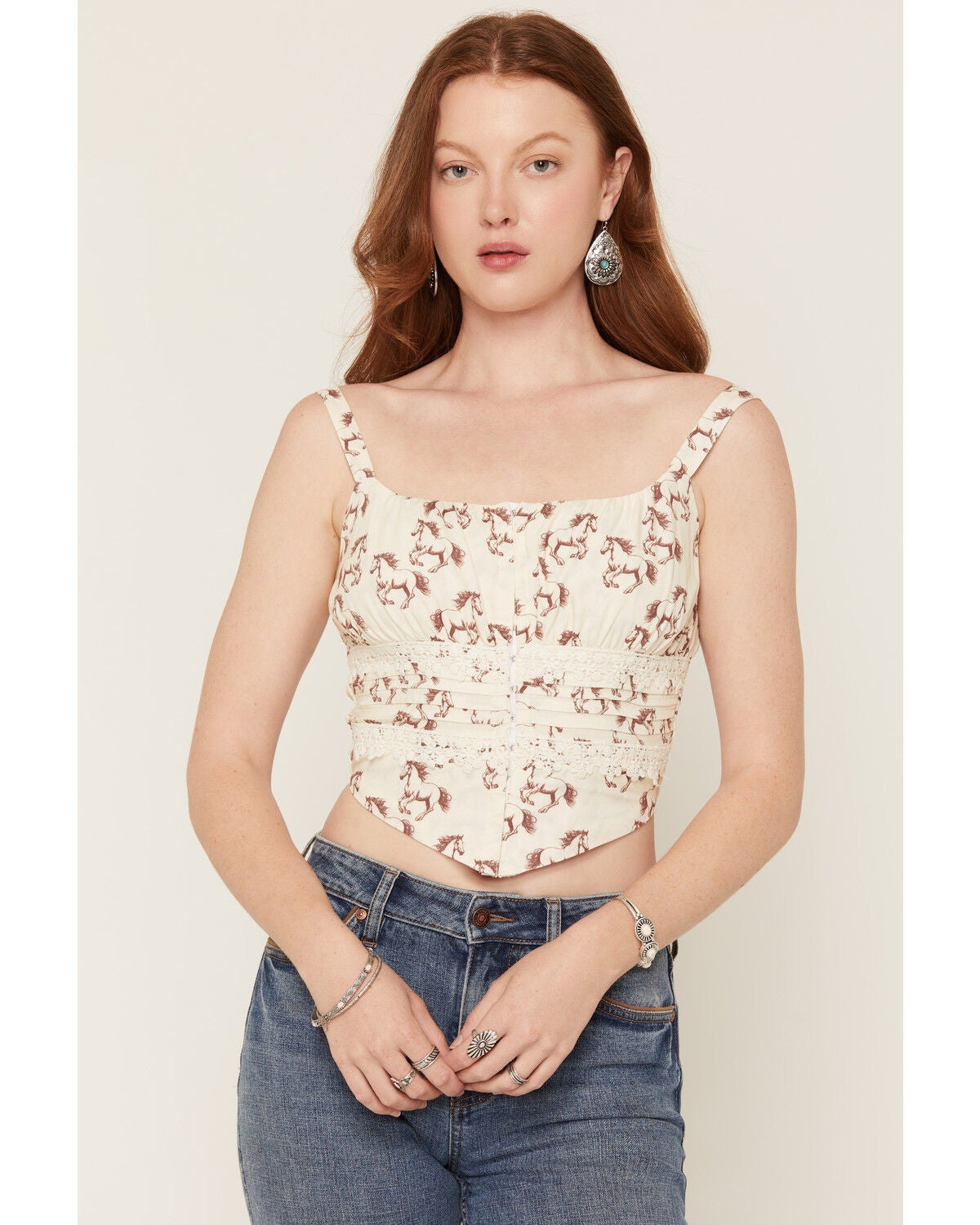 Image #1 - Rock & Roll Denim Women's Horse Print Sleeveless Bustier Tank, Natural, hi-res