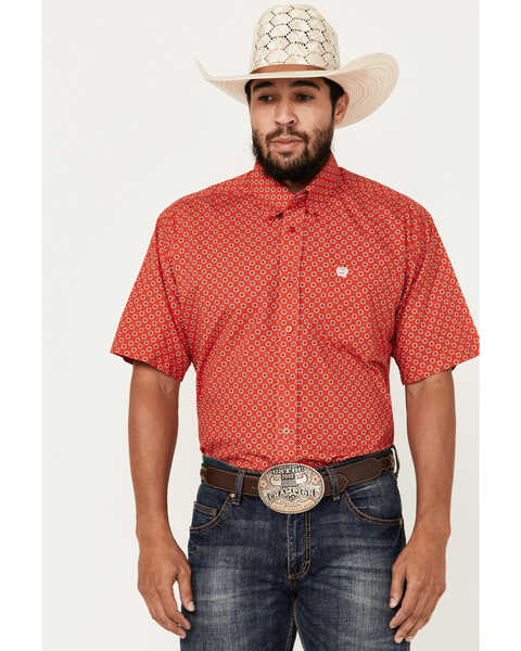 Cinch Men's Geo Print Short Sleeve Button-Down Western Shirt - Big , Red, hi-res