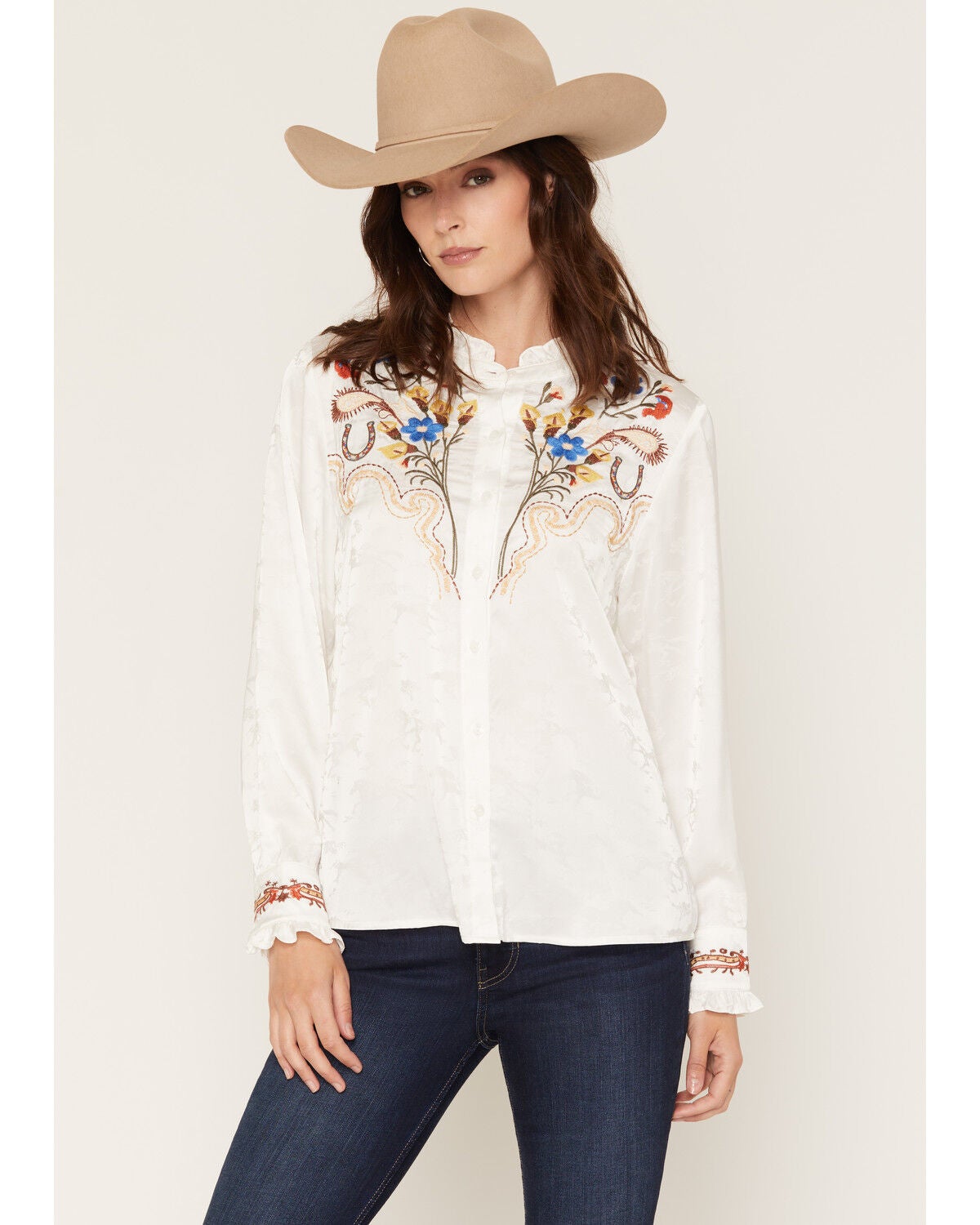 Image #1 - Wild Moss Women's Embroidered Button-Down Long Sleeve Top, White, hi-res