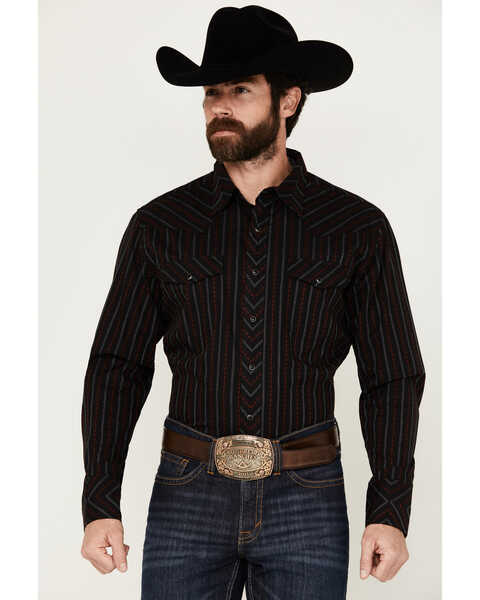 Wrangler Men's Silver Edition Striped Long Sleeve Snap Western Shirt , Black, hi-res