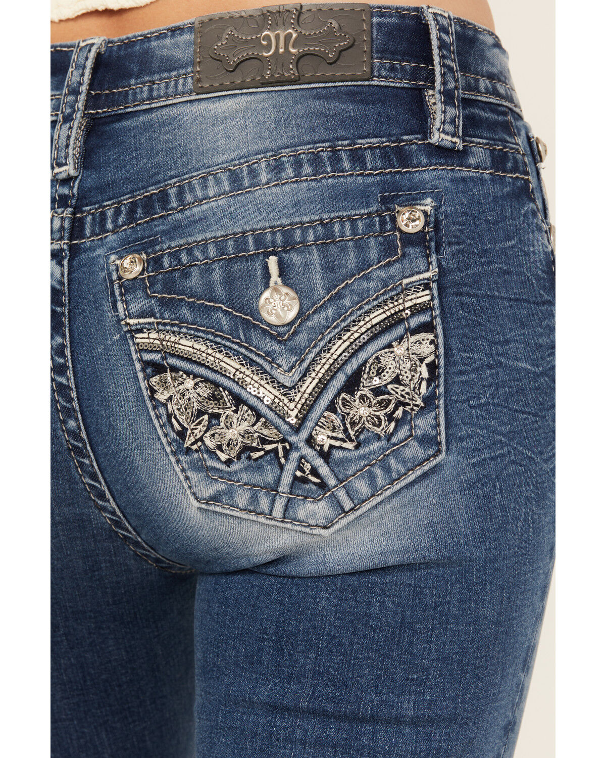 Image #2 - Miss Me Women's Medium Wash Mid Rise Floral Pocket 32" Bootcut Stretch Denim Jeans, Medium Wash, hi-res