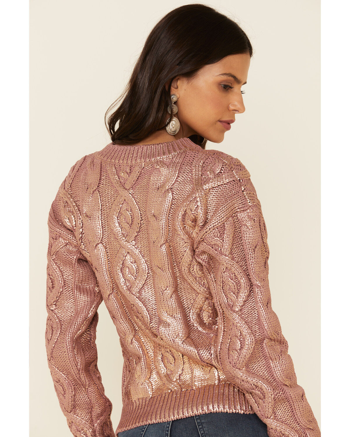 Image #5 - Rock & Roll Denim Women's Mauve Metallic Cable Knit Sweater , , hi-res