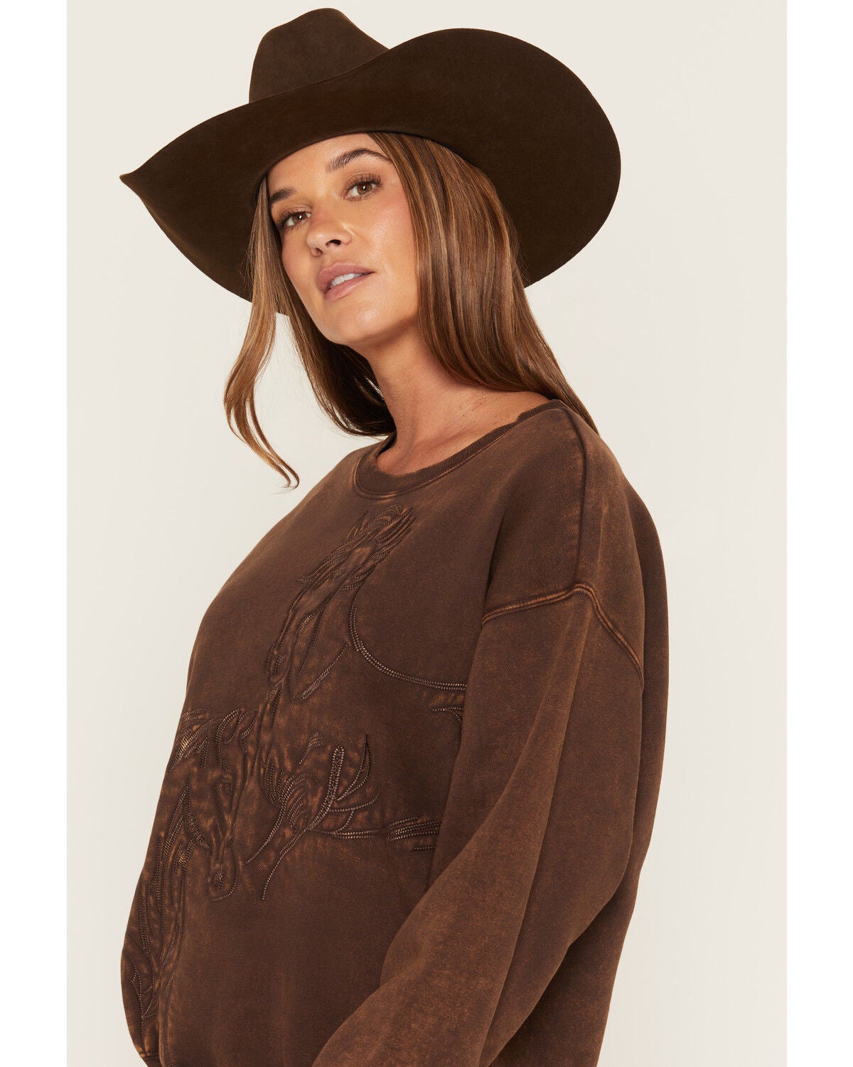 Image #2 - Shyanne Women's Embroidered Horses Crew Neck Sweatshirt, Cognac, hi-res