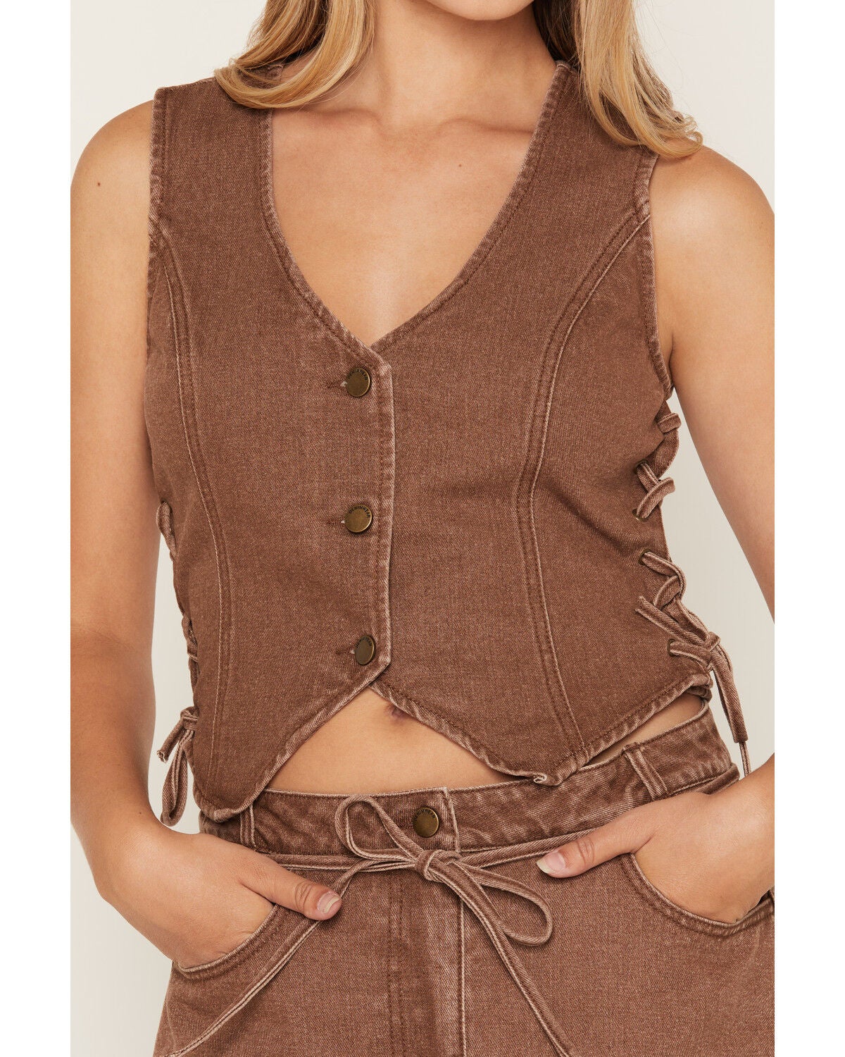 Image #3 - Ashley Women's Lace-Up Washed Denim Vest, Lt Brown, hi-res