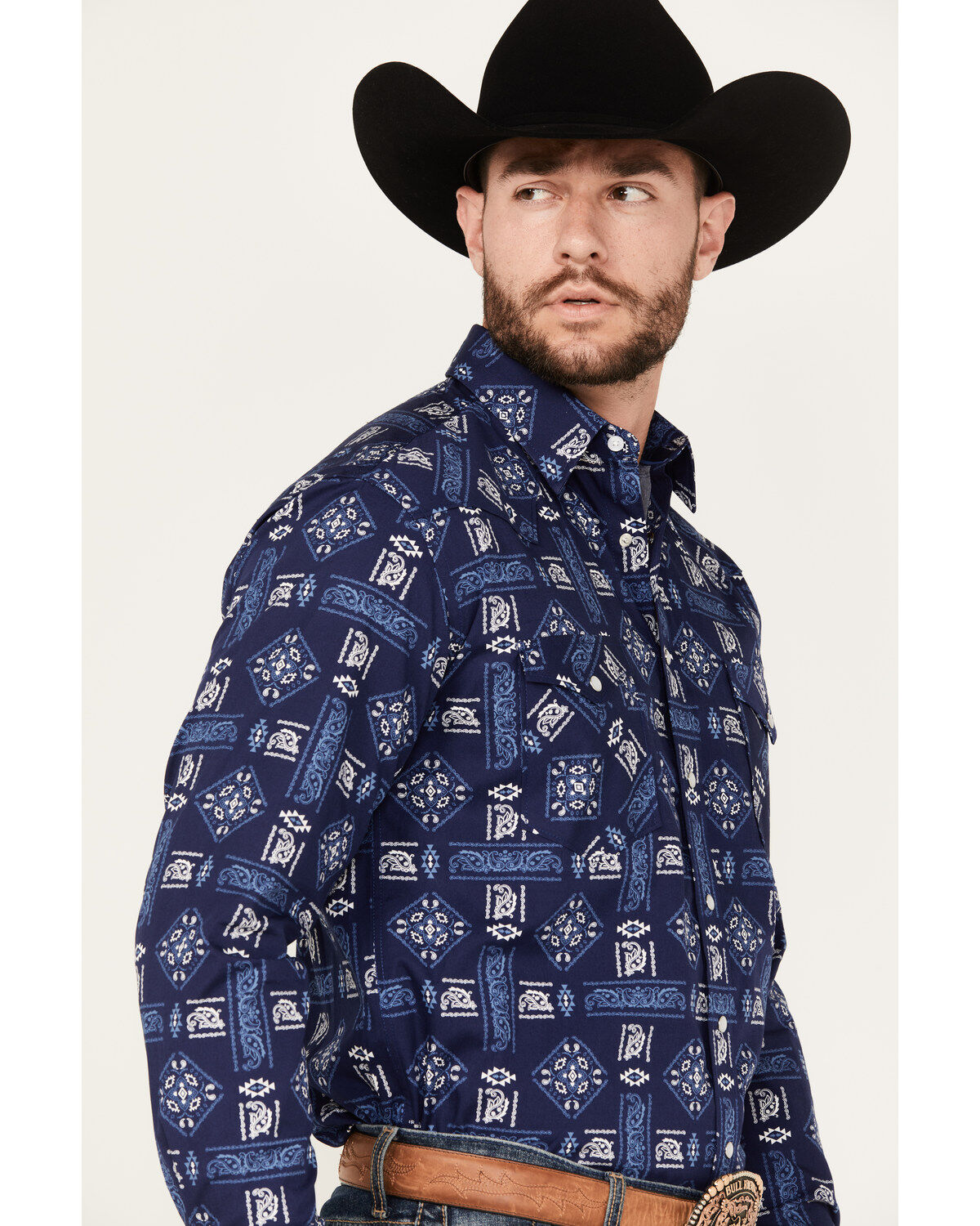 Image #2 - Rough Stock by Panhandle Men's Bandana Southwestern Long Sleeve Snap Western Shirt, Navy, hi-res