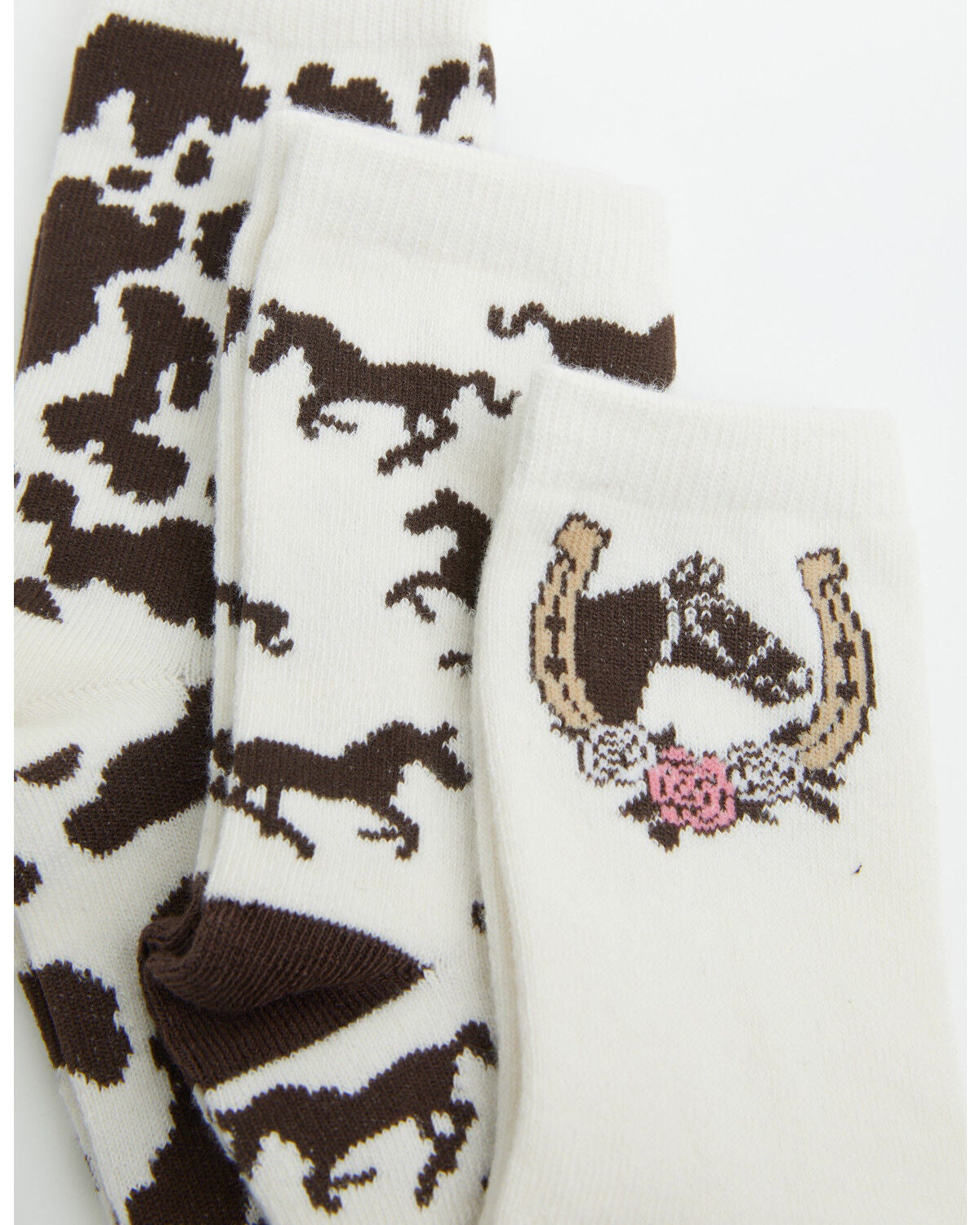 Image #2 - Boot Barn Kids' Karis Running Horses Crew Socks - 3 Pack, Cream, hi-res