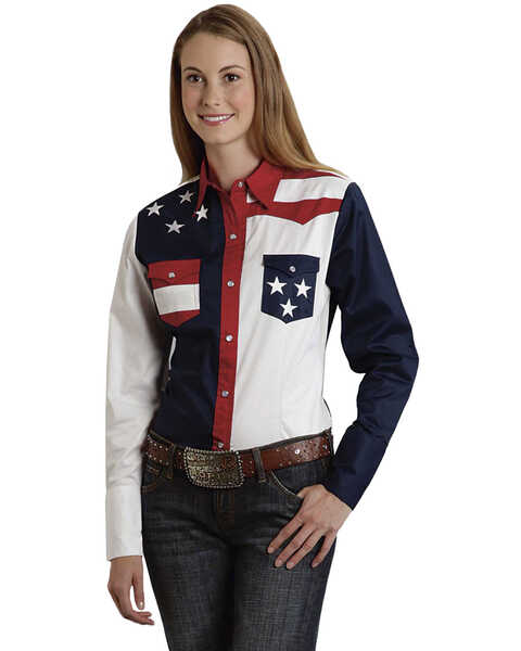 Image #2 - Roper Women's Stars & Stripes Colorblock Western Shirt, Patriotic, hi-res