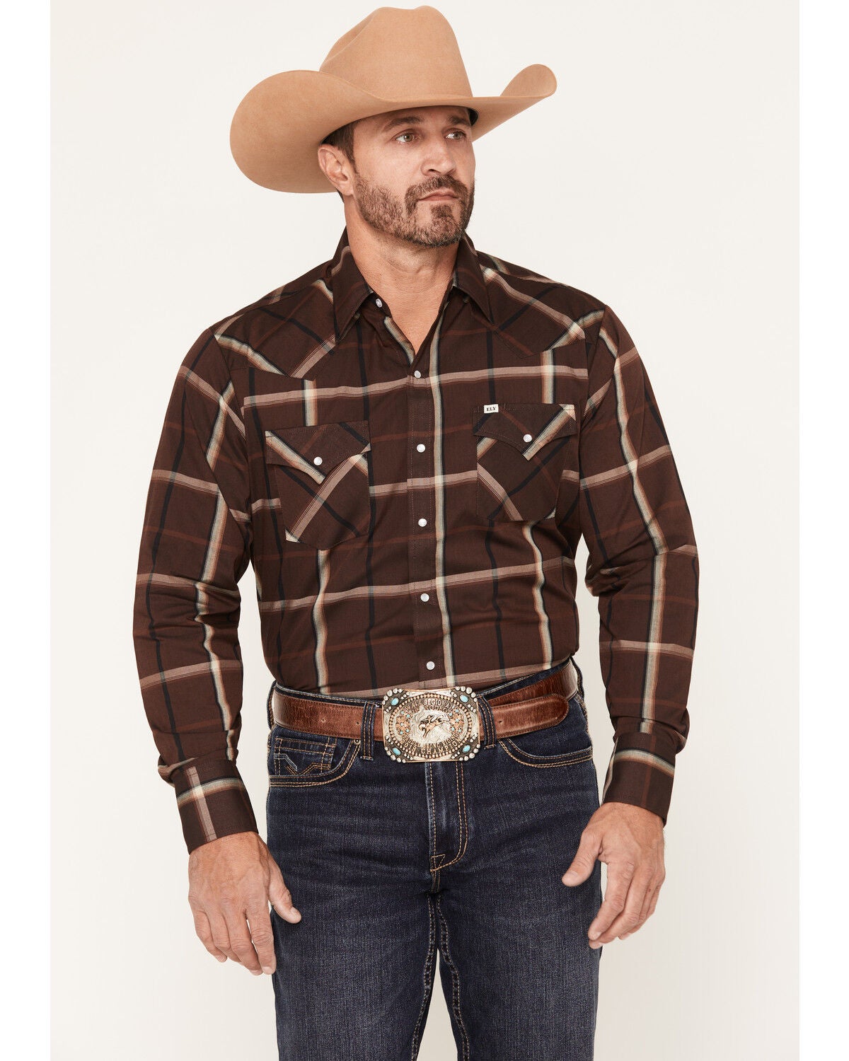 Ely Walker Men's Plaid Print Long Sleeve Pearl Snap Western Shirt, Black, hi-res