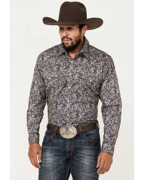 Rough Stock by Panhandle Men's Paisley Print Long Sleeve Snap Stretch Western Shirt, Navy, hi-res