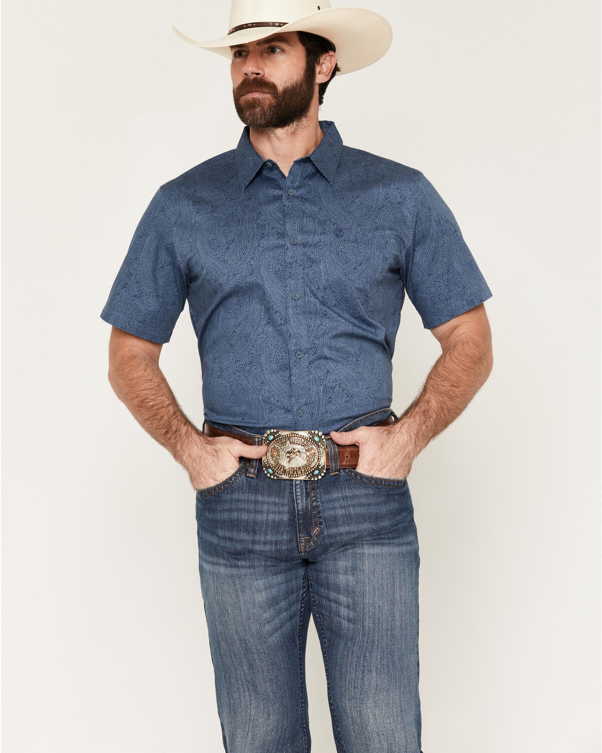 Image #1 - Cody James Men's Topaz Tonal Paisley Print Short Sleeve Button-Down Stretch Western Shirt, Blue, hi-res