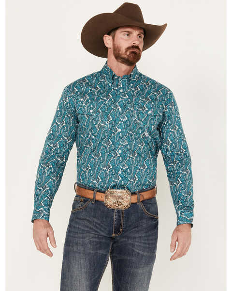 Image #1 - Roper Men's Amarillo Paisley Print Long Sleeve Button-Down Western Shirt, Teal, hi-res