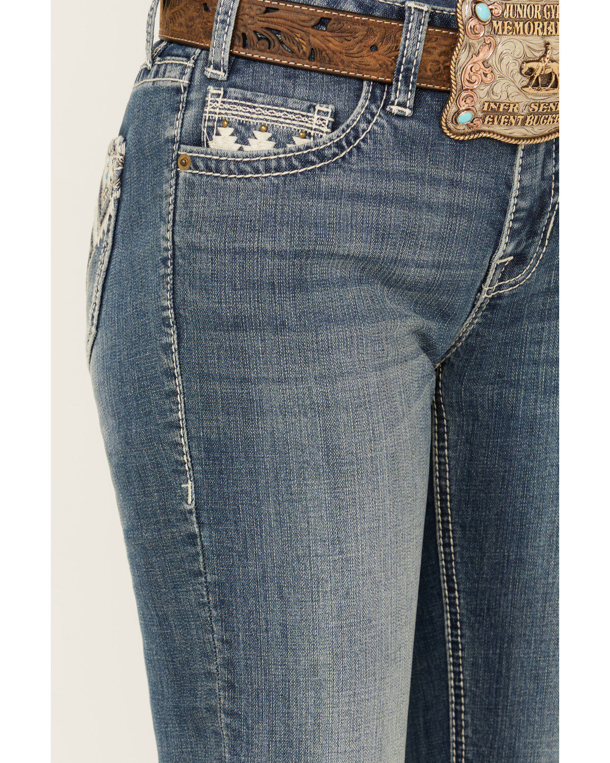 Image #4 - Rock & Roll Denim Women's Medium Wash Mid Rise Geo Print Stretch Bootcut Jeans, Medium Wash, hi-res