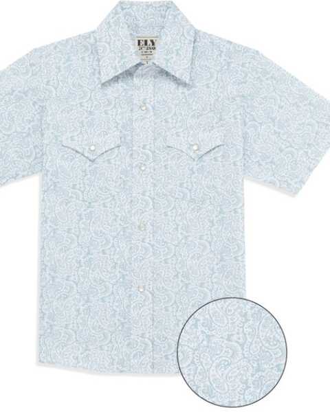 Ely Walker Boys' Paisley Print Short Sleeve Snap Western Shirt , Navy, hi-res