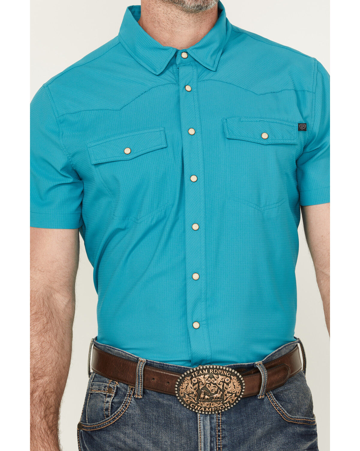 Image #3 - Rock & Roll Denim Men's Tek Solid Short Sleeve Snap Western Shirt, Turquoise, hi-res