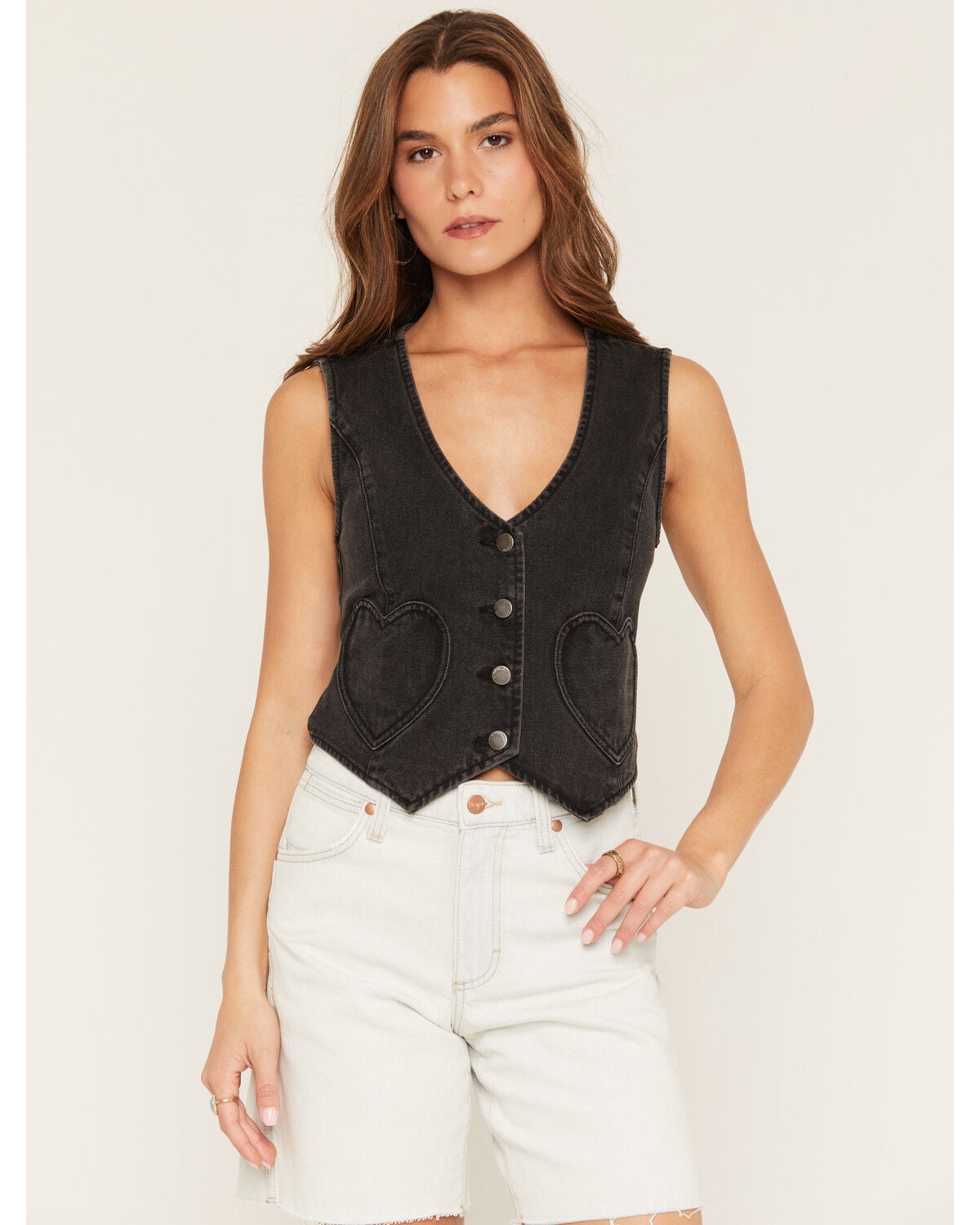 Ashley Women's Heart Pocket Fitted Denim Vest, Black, hi-res