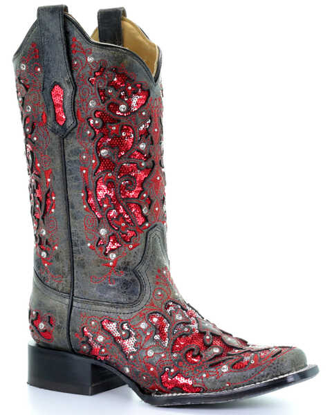 Image #1 - Corral Women's Sequin Inlay Western Boots - Square Toe, Black, hi-res