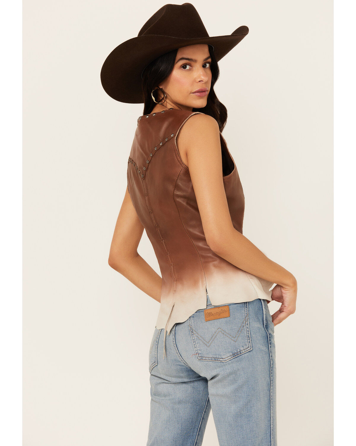 Image #4 - Cripple Creek Women's Ombre Zip Front Studded Leather Vest, Brown, hi-res