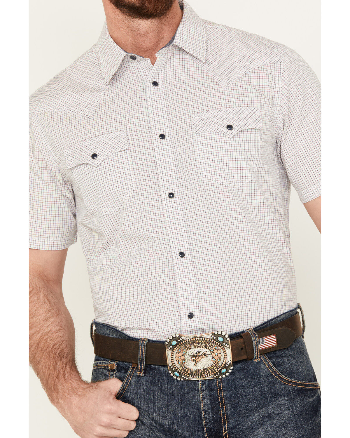Image #3 - Cody James Men's Lake Travis Plaid Print Short Sleeve Western Snap Shirt, , hi-res