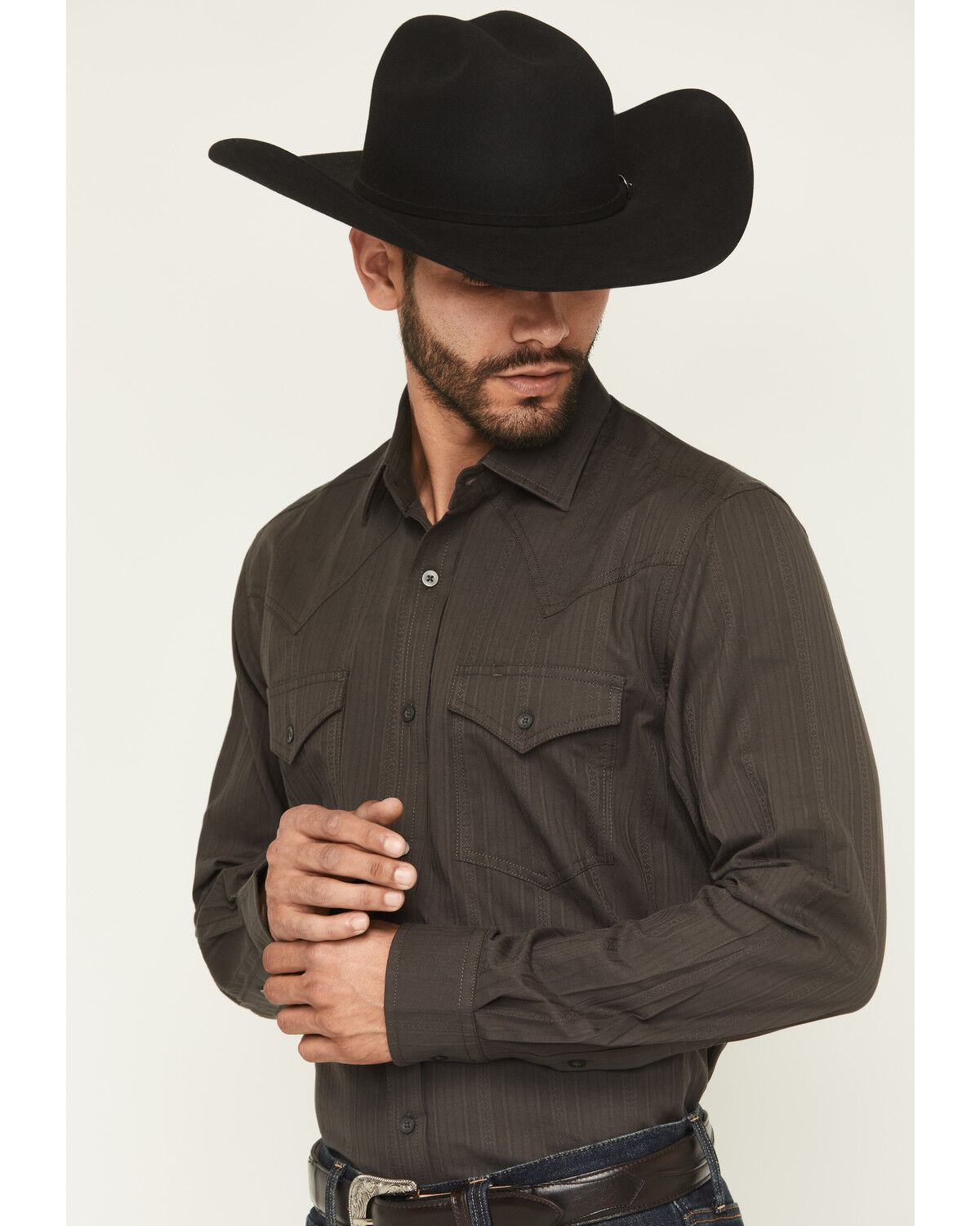 Image #2 - Cody James Black 1978™ Men's Cluny Tonal Striped Long Sleeve Button-Down Western Shirt, Charcoal, hi-res