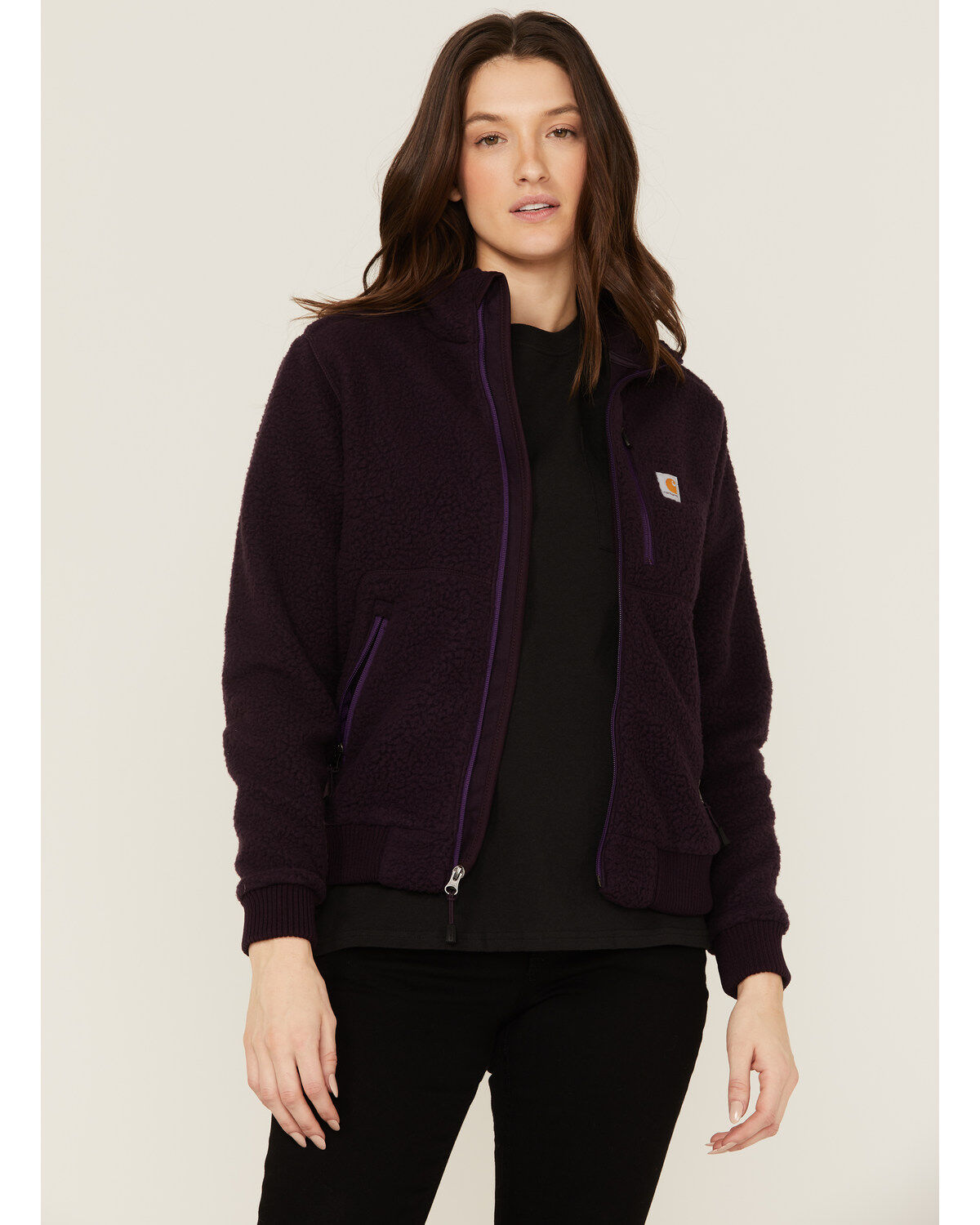 Image #1 - Carhartt Women's Solid Purple Relaxed Fit Zip-Front Sherpa Fleece Work Jacket, , hi-res