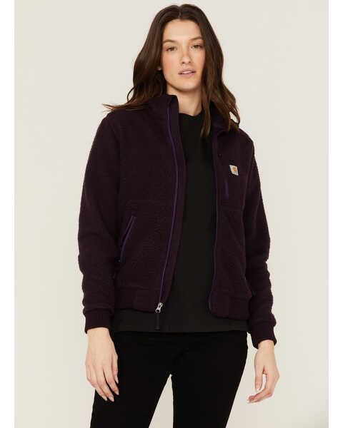 Carhartt Women's Solid Purple Relaxed Fit Zip-Front Sherpa Fleece Work Jacket , Plum, hi-res