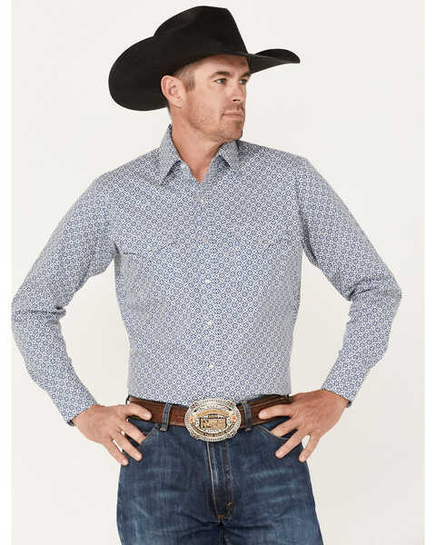 Ely Walker Men's Geo Print Long Sleeve Pearl Snap Western Shirt, Blue