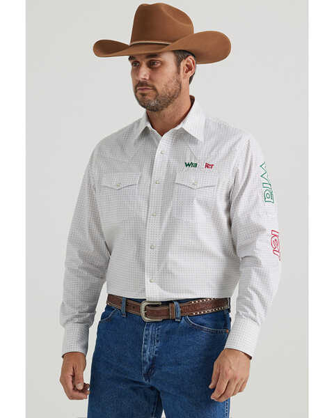 Wrangler Men's Mexico Logo Geo Print Long Sleeve Snap Western Shirt, White, hi-res