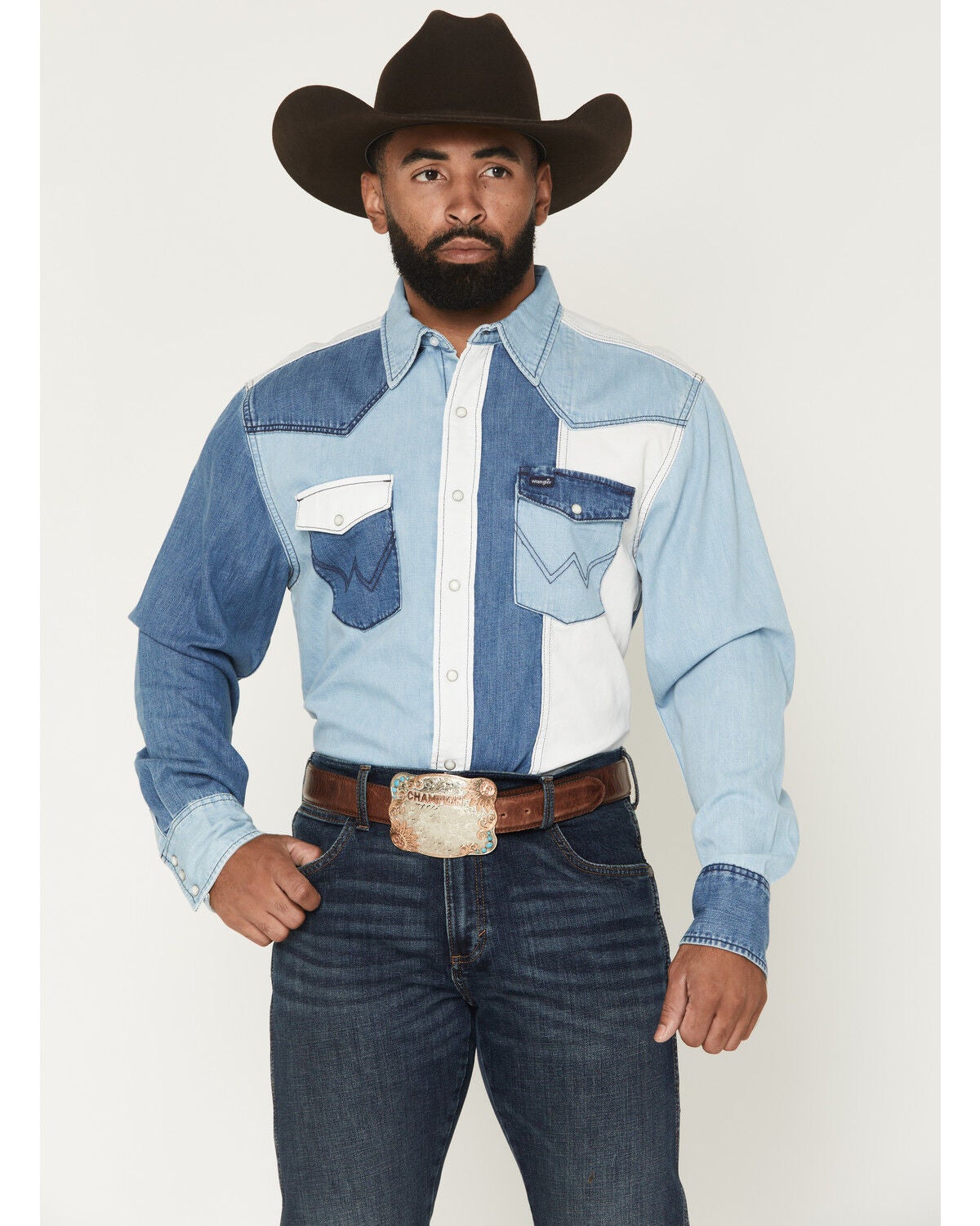 Image #1 - Wrangler Men's Brushpopper Denim Block Long Sleeve Snap Western Shirt, , hi-res