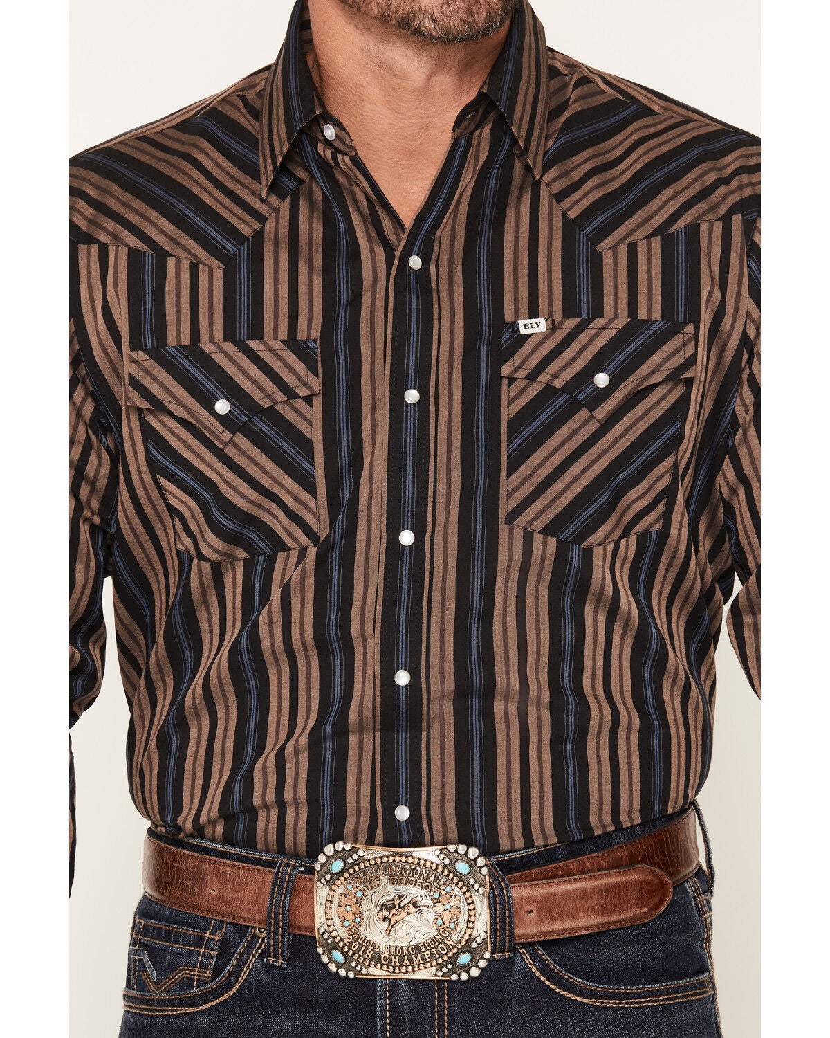 Image #3 - Ely Walker Men's Striped Long Sleeve Pearl Snap Western Shirt, Black, hi-res
