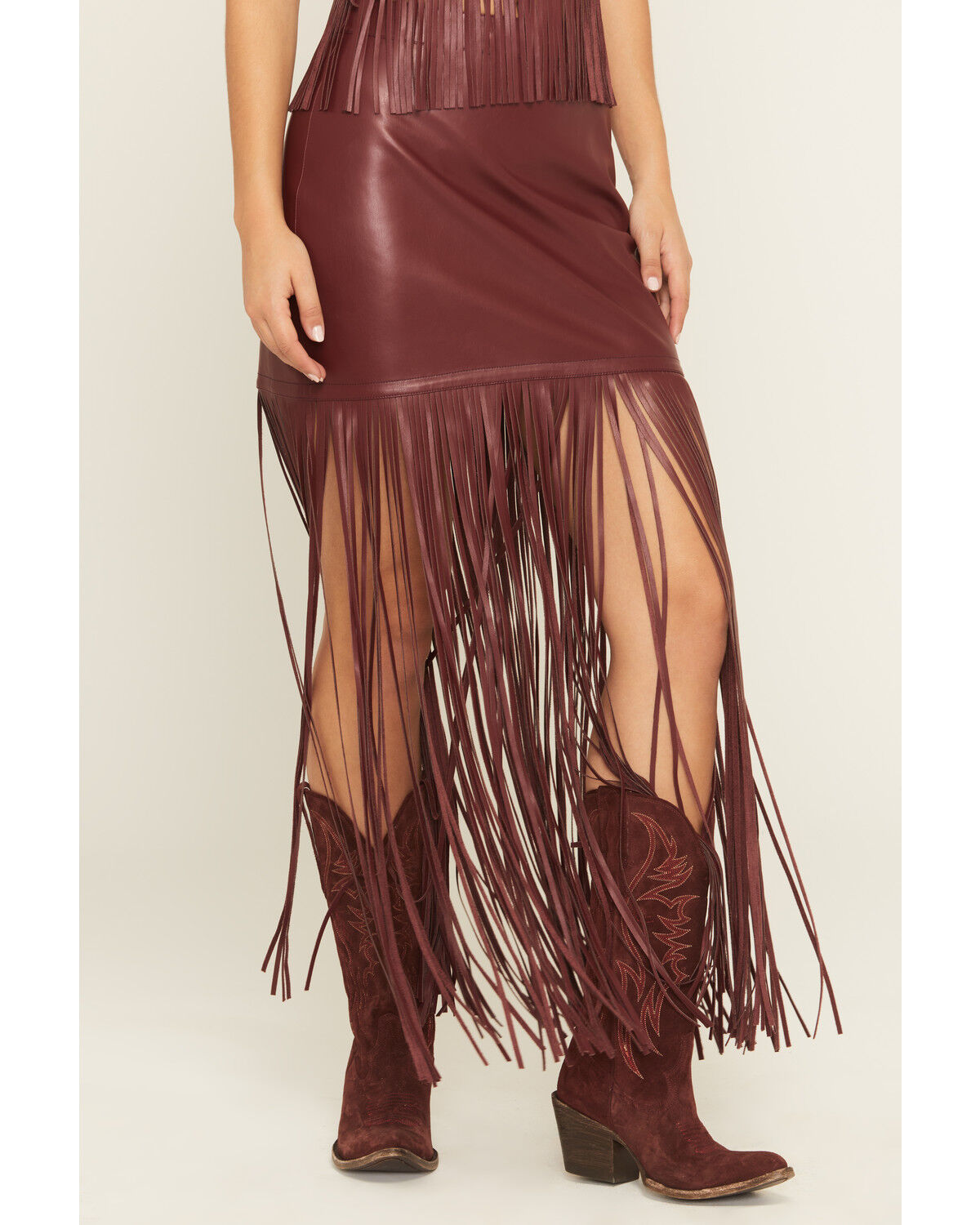Image #3 - Idyllwind Women's Payson Faux Leather Fringe Maxi Skirt, Cherry, hi-res