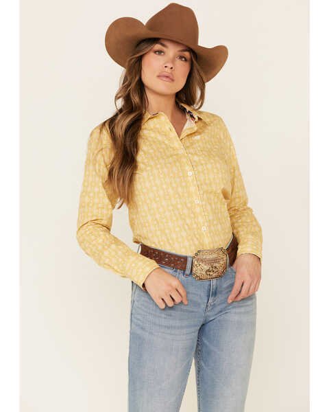 Image #1 - Ariat Women's Mustard Geo Print Kirby Stretch Long Sleeve Western Core Shirt , , hi-res